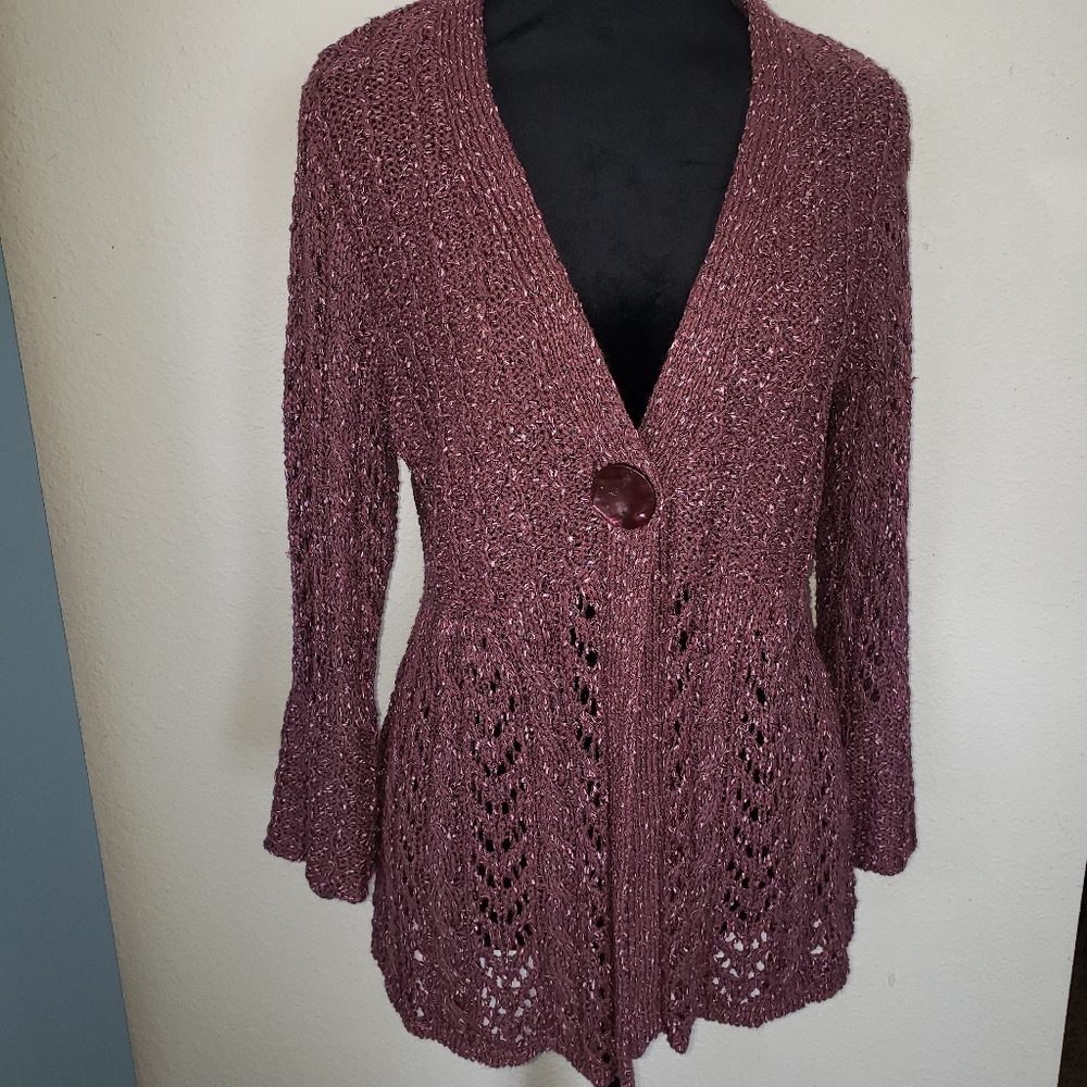 Mauve Open Front Cardigan With Crochet Details 3/4 Length Sleeves Women''s Sz XL